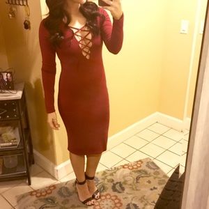 Small. Long sleeve dress. Deep red.
